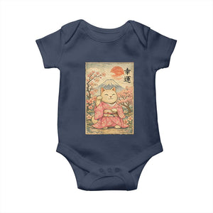 Japanese Anime Maneki Neko Baby Onesie Kawaii Waving Cat Good Luck Kanji TS12 Navy Print Your Wear
