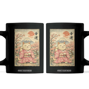 Japanese Anime Maneki Neko Coffee Mug Kawaii Waving Cat Good Luck Kanji TS12 Black Print Your Wear