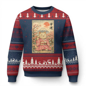 Japanese Anime Maneki Neko Ugly Christmas Sweater Kawaii Waving Cat Good Luck Kanji TS12 Navy Red Print Your Wear