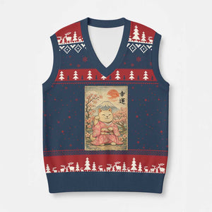 Japanese Anime Maneki Neko V-Neck Knit Sweater Vest Kawaii Waving Cat Good Luck Kanji TS12 Navy Red Print Your Wear