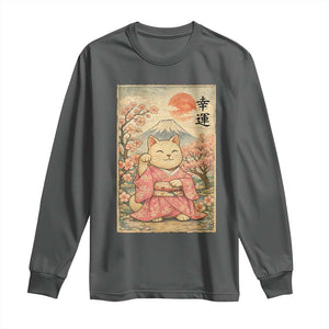 Japanese Anime Maneki Neko Long Sleeve Shirt Kawaii Waving Cat Good Luck Kanji TS12 Dark Heather Print Your Wear