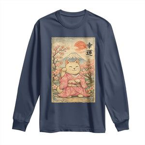 Japanese Anime Maneki Neko Long Sleeve Shirt Kawaii Waving Cat Good Luck Kanji TS12 Navy Print Your Wear