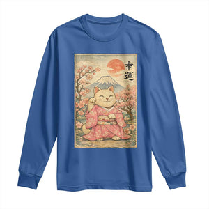 Japanese Anime Maneki Neko Long Sleeve Shirt Kawaii Waving Cat Good Luck Kanji TS12 Royal Blue Print Your Wear