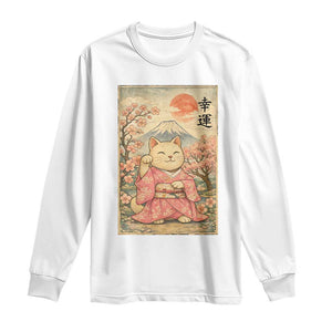 Japanese Anime Maneki Neko Long Sleeve Shirt Kawaii Waving Cat Good Luck Kanji TS12 White Print Your Wear