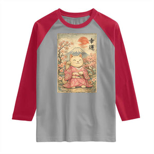 Japanese Anime Maneki Neko Raglan Shirt Kawaii Waving Cat Good Luck Kanji TS12 Sport Gray Red Print Your Wear