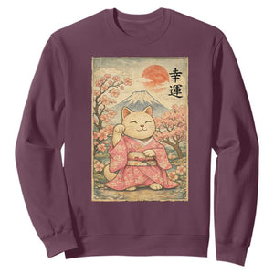 Japanese Anime Maneki Neko Sweatshirt Kawaii Waving Cat Good Luck Kanji TS12 Maroon Print Your Wear