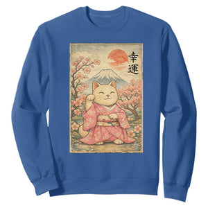 Japanese Anime Maneki Neko Sweatshirt Kawaii Waving Cat Good Luck Kanji TS12 Royal Blue Print Your Wear