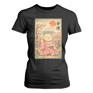 Japanese Anime Maneki Neko T Shirt For Women Kawaii Waving Cat Good Luck Kanji TS12 Black Print Your Wear