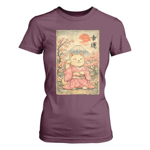 Japanese Anime Maneki Neko T Shirt For Women Kawaii Waving Cat Good Luck Kanji TS12 Maroon Print Your Wear
