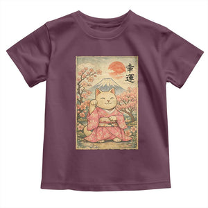 Japanese Anime Maneki Neko Toddler T Shirt Kawaii Waving Cat Good Luck Kanji TS12 Maroon Print Your Wear