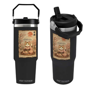 Japanese Maneki Neko Drinking Tea Kawaii Lucky Cat Flip Straw Tumbler TS12 One Size: 30 oz Black Print Your Wear