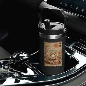 Japanese Maneki Neko Drinking Tea Kawaii Lucky Cat Flip Straw Tumbler TS12 Print Your Wear