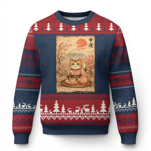 Japanese Maneki Neko Drinking Tea Kawaii Lucky Cat Ugly Christmas Sweater TS12 Navy Red Print Your Wear