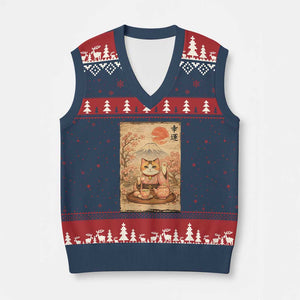 Japanese Maneki Neko Drinking Tea Kawaii Lucky Cat V-Neck Knit Sweater Vest TS12 Navy Red Print Your Wear