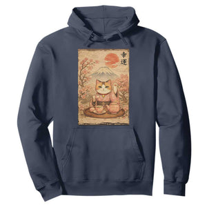Japanese Maneki Neko Drinking Tea Kawaii Lucky Cat Hoodie TS12 Navy Print Your Wear