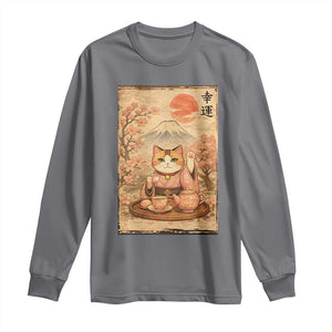 Japanese Maneki Neko Drinking Tea Kawaii Lucky Cat Long Sleeve Shirt TS12 Charcoal Print Your Wear