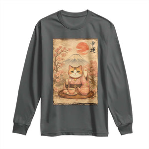 Japanese Maneki Neko Drinking Tea Kawaii Lucky Cat Long Sleeve Shirt TS12 Dark Heather Print Your Wear