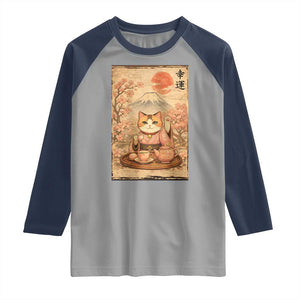 Japanese Maneki Neko Drinking Tea Kawaii Lucky Cat Raglan Shirt TS12 Sport Gray Navy Print Your Wear