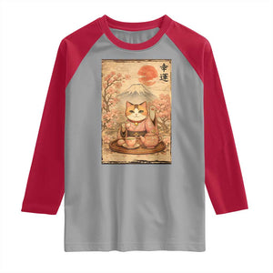 Japanese Maneki Neko Drinking Tea Kawaii Lucky Cat Raglan Shirt TS12 Sport Gray Red Print Your Wear