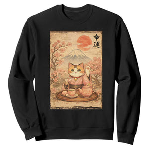 Japanese Maneki Neko Drinking Tea Kawaii Lucky Cat Sweatshirt TS12 Black Print Your Wear