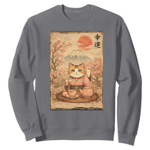 Japanese Maneki Neko Drinking Tea Kawaii Lucky Cat Sweatshirt TS12 Charcoal Print Your Wear
