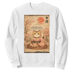 Japanese Maneki Neko Drinking Tea Kawaii Lucky Cat Sweatshirt TS12 White Print Your Wear