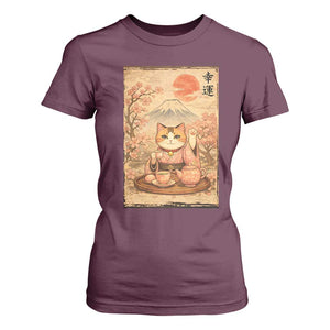 Japanese Maneki Neko Drinking Tea Kawaii Lucky Cat T Shirt For Women TS12 Maroon Print Your Wear