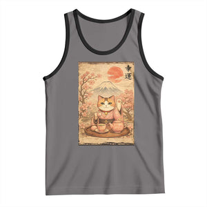 Japanese Maneki Neko Drinking Tea Kawaii Lucky Cat Tank Top TS12 Deep Heather Black Print Your Wear