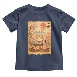 Japanese Maneki Neko Drinking Tea Kawaii Lucky Cat Toddler T Shirt TS12 Navy Print Your Wear
