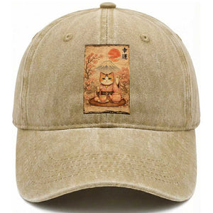 Japanese Maneki Neko Drinking Tea Kawaii Lucky Cat Washed Cotton Baseball Cap TS12 Print Your Wear