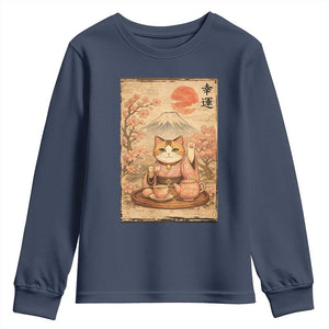 Japanese Maneki Neko Drinking Tea Kawaii Lucky Cat Youth Sweatshirt TS12 Navy Print Your Wear
