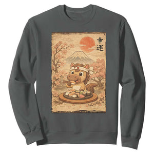 Funny Horse Eating Sushi Sweatshirt Japanese Noodle Lover TS12 Dark Heather Print Your Wear