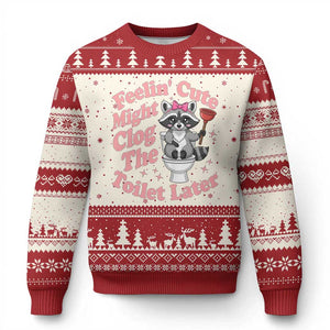 Feeling Cute Might Clog Toilet Later Ugly Christmas Sweater Funny Raccoon TS12 Beige Red Print Your Wear