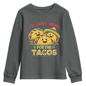 Funny Cinco De Mayo Just Here For The Tacos Youth Sweatshirt Taco Lover Gift TS12 Dark Heather Print Your Wear