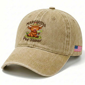 Funny Cinco De Mayo Highland Cow Washed Cotton Baseball Cap Margaritas Por Favor TS12 Print Your Wear