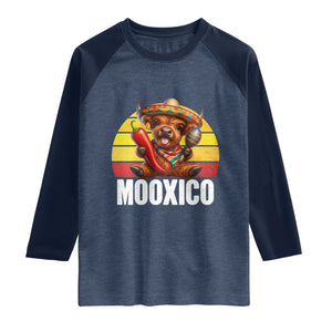 Funny Highland Cow MooXico Raglan Shirt Cinco De Mayo Fiesta Party TS12 Heather Denim Navy Print Your Wear