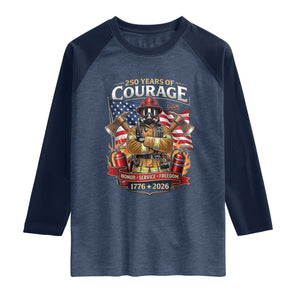 Patriotic Firefighter 250 Years Of Courage USA Anniversary Gift Raglan Shirt TS12 Heather Denim Navy Print Your Wear