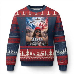 Funny Doll Face Meme 4th Of July Ugly Christmas Sweater USA Freedom Jet Fighter Graphic