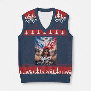Funny Doll Face Meme 4th Of July V-Neck Knit Sweater Vest USA Freedom Jet Fighter Graphic