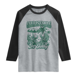 Vintage Summer Christmas Bigfoot Couple Raglan Shirt Tropical Xmas Graphic TS12 Heather Gray Black Print Your Wear