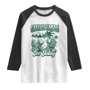 Vintage Summer Christmas Bigfoot Couple Raglan Shirt Tropical Xmas Graphic TS12 White Black Print Your Wear