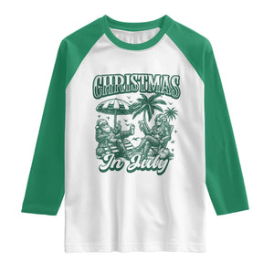 Vintage Summer Christmas Bigfoot Couple Raglan Shirt Tropical Xmas Graphic TS12 White Kelly Green Print Your Wear