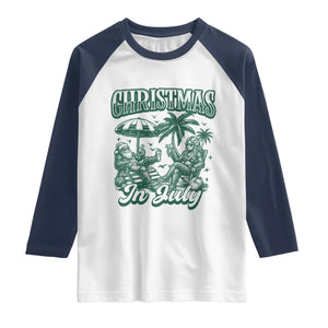Vintage Summer Christmas Bigfoot Couple Raglan Shirt Tropical Xmas Graphic TS12 White Navy Print Your Wear