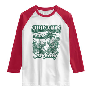Vintage Summer Christmas Bigfoot Couple Raglan Shirt Tropical Xmas Graphic TS12 White Red Print Your Wear