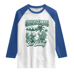 Vintage Summer Christmas Bigfoot Couple Raglan Shirt Tropical Xmas Graphic TS12 White Royal Print Your Wear