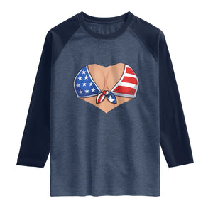 American Flag Bikini Raglan Shirt Patriotic Summer Vacation Gift TS12 Heather Denim Navy Print Your Wear