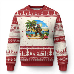 Funny Christmas In July Bigfoot Ugly Christmas Sweater Tropical Vacation Graphic TS12 Beige Red Print Your Wear