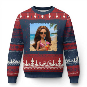 Funny Summer Doll Face Meme Ugly Christmas Sweater Tropical Beach Party Graphic TS12 Navy Red Print Your Wear