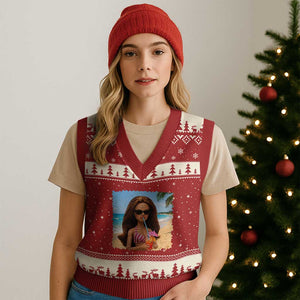 Funny Summer Doll Face Meme V-Neck Knit Sweater Vest Tropical Beach Party Graphic TS12 Red Beige Print Your Wear