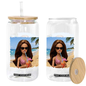 Funny Summer Doll Face Meme Glass Can Tropical Beach Party Graphic